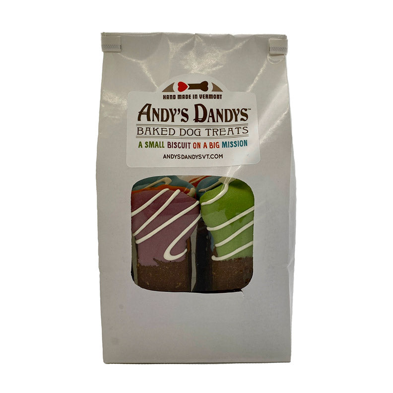 White bakery bag of Andy's Dandys baked dog biscuits mixed flavors