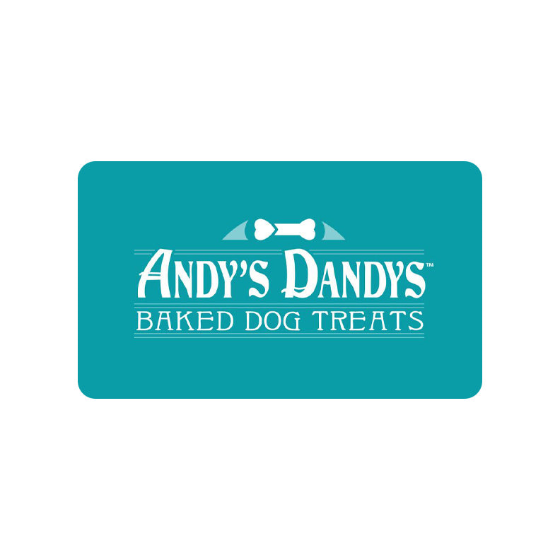 Blue Andy's Dandys Baked Dog Treats gift card with white trademark heart bone logo